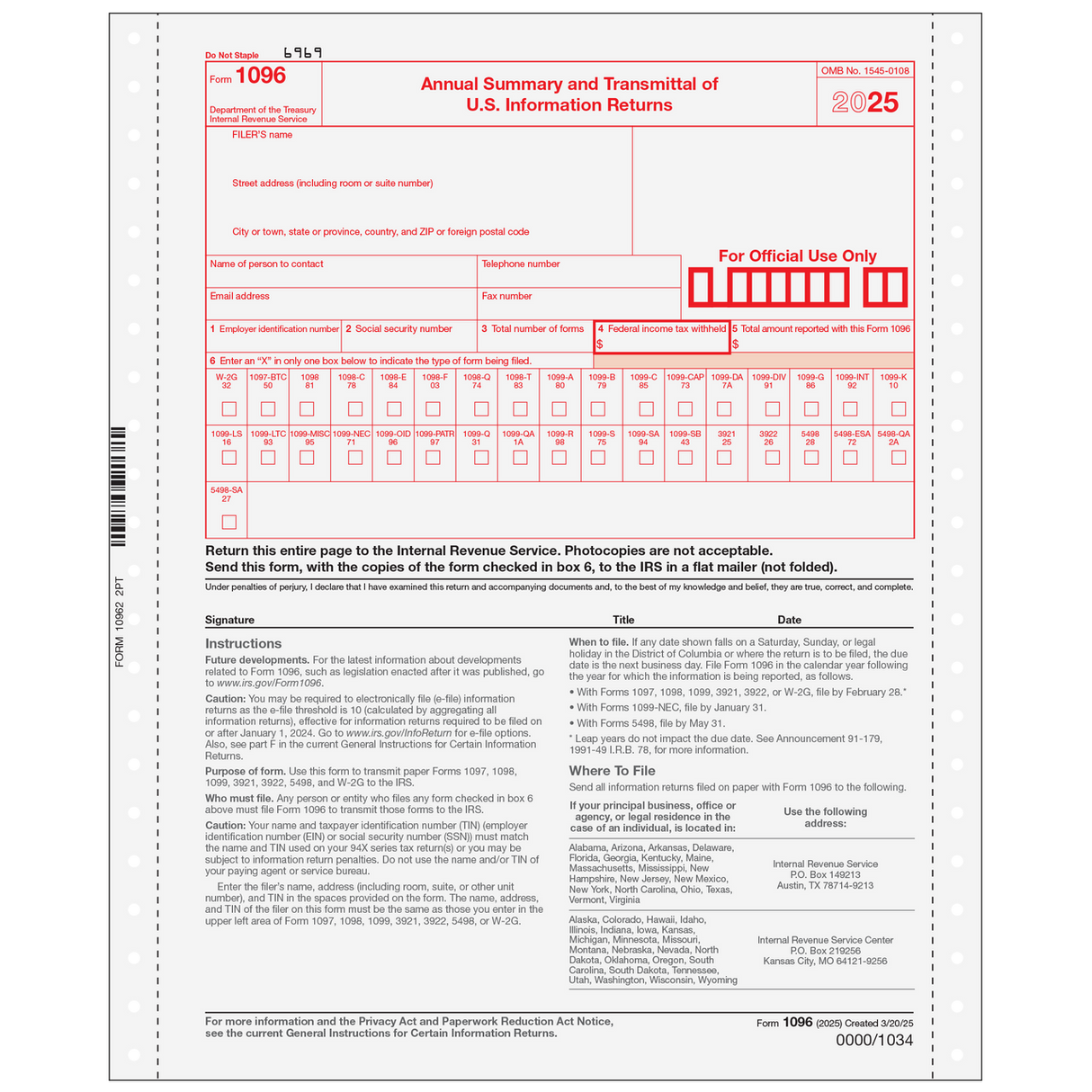 Form 1096 Transmittal Summary 2-part (Carbonless)