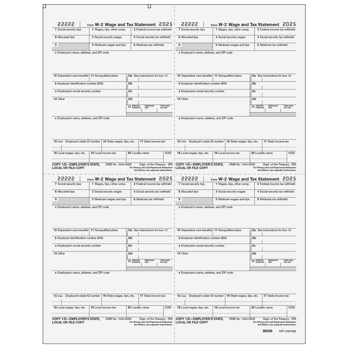 Form W-2 - Employer State/Local/File Copies 1/D - 4up Quadrants