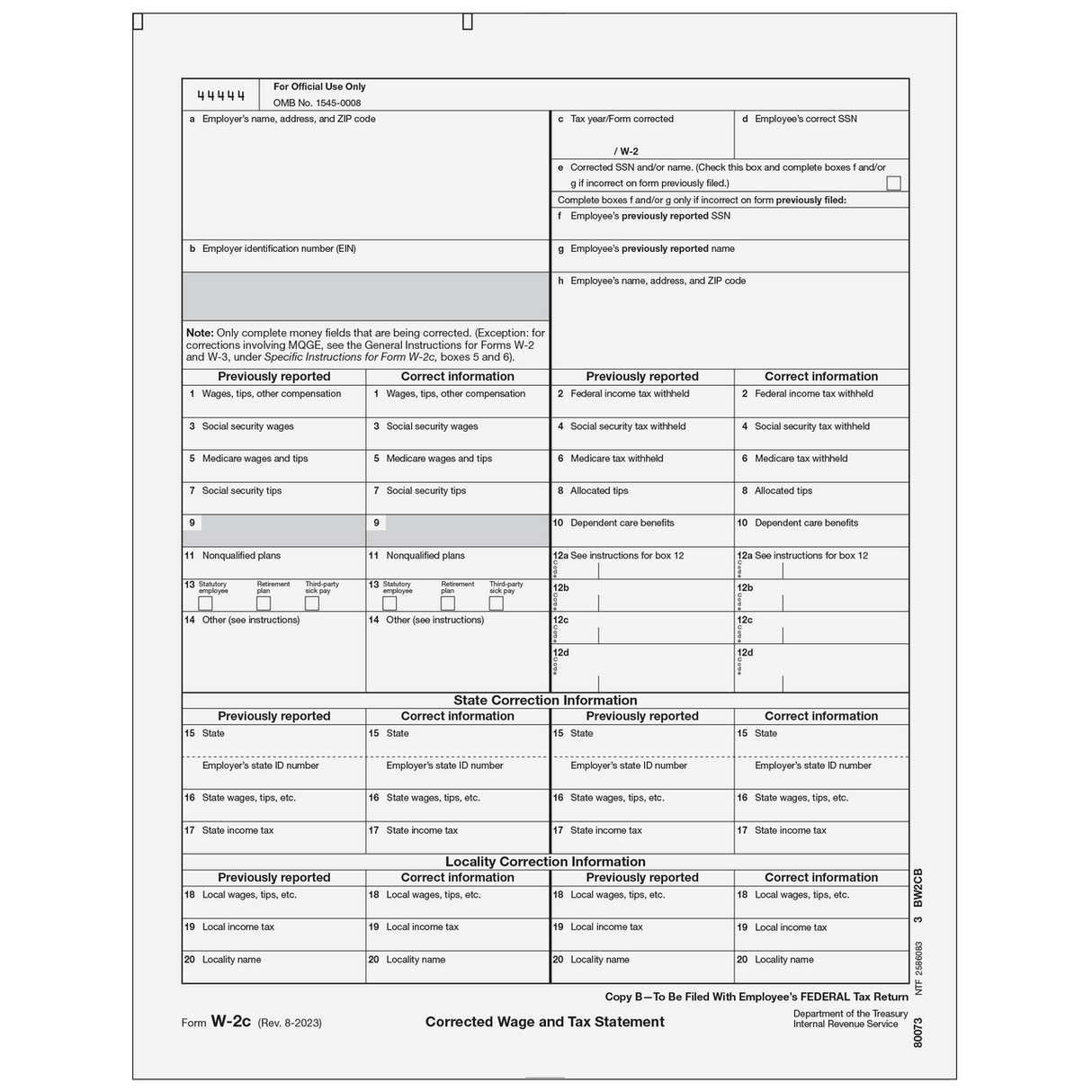 Form W-2C Corrected Employee Federal, Copy B