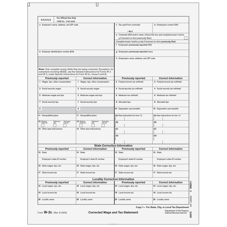 Form W-2C Corrected Employer State, City, Local, or Record, Copy 1