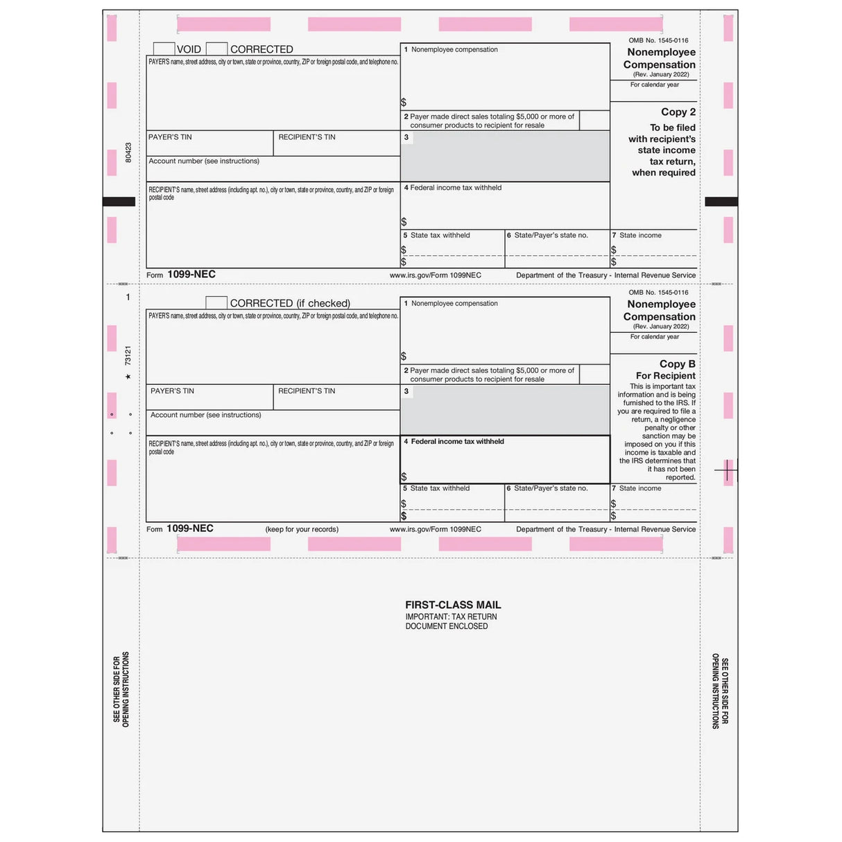 11" Pressure Seal 1099-NEC Form - Z Fold Recipient (Copies B, 2)