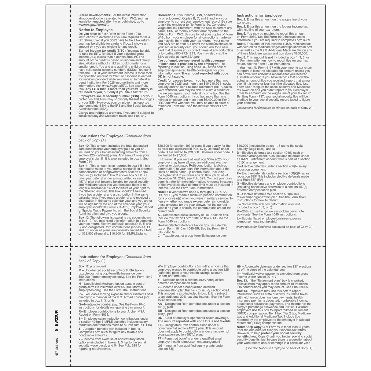3up Blank W-2 Form with 1/2" Side Perforation (with Employee Instructions)