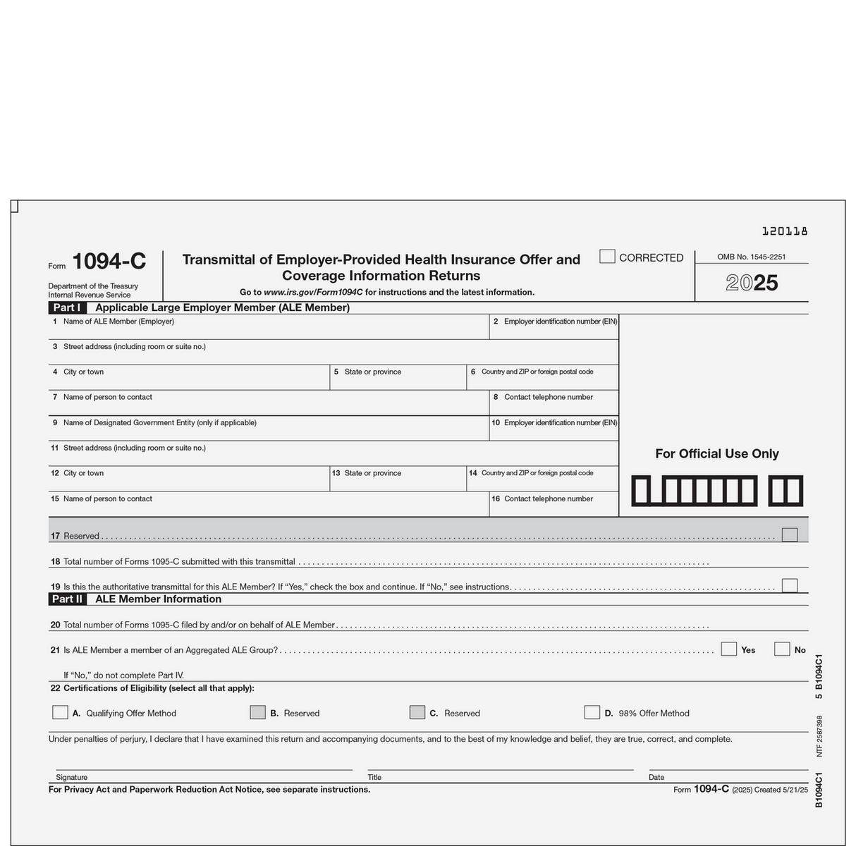 Form 1094-C - Transmittal of Employer-Provided Health Insurance Offer and Coverage Information Returns (Page 1)