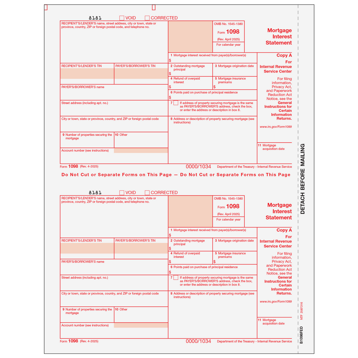Form 1098 Mortgage Interest Statement - Copy A Federal