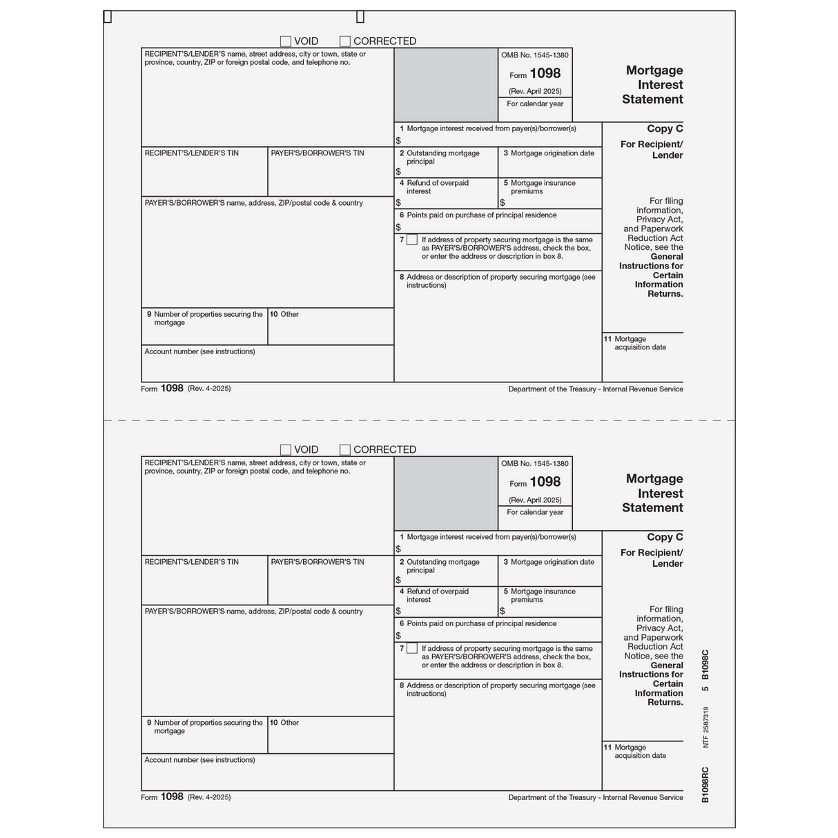 Form 1098 Mortgage Interest Statement - Copy C Recipient/Lender