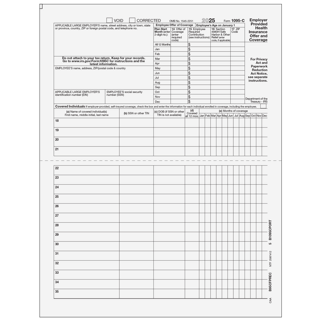 Form 1095-C - Preprinted Full Page (Recipient Copy)