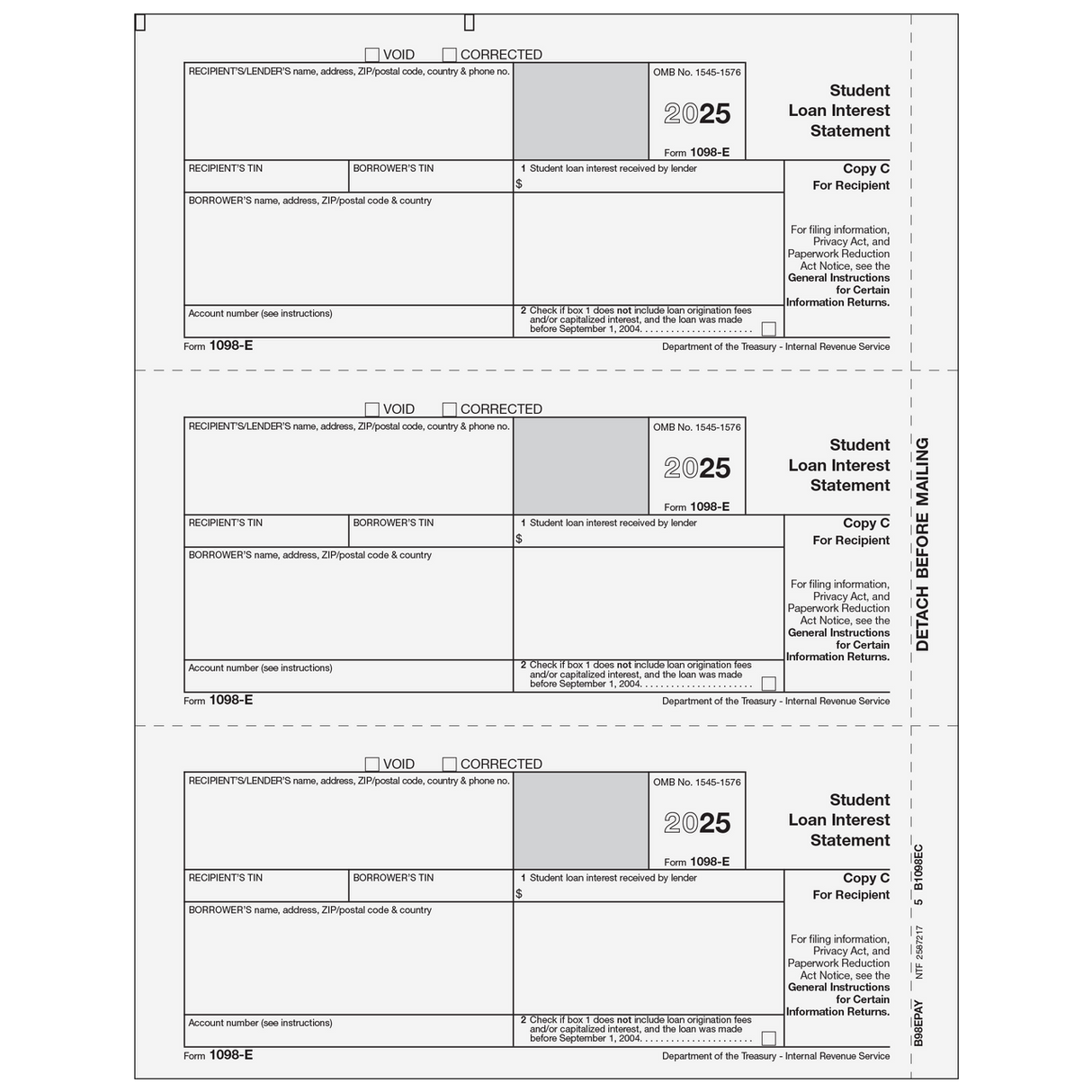 Form 1098-E Student Loan Interest Statement - Copy C Recipient/Lender