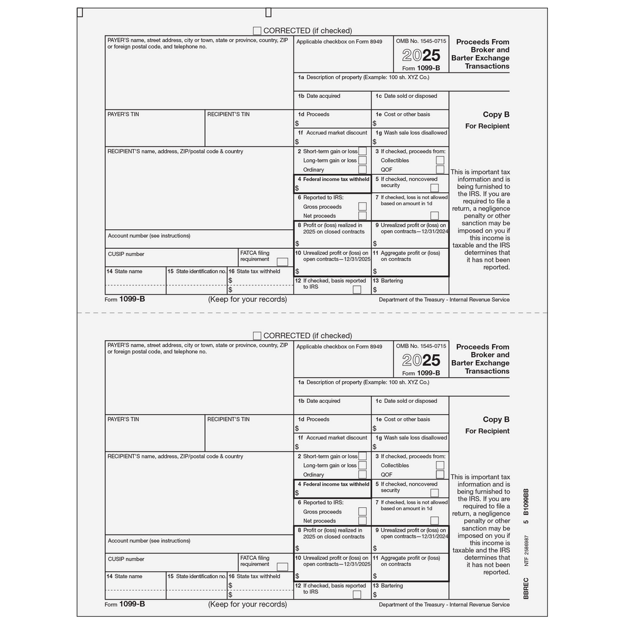 Form 1099-B Proceeds From Broker and Barter Exchange Transactions - Copy B Recipient