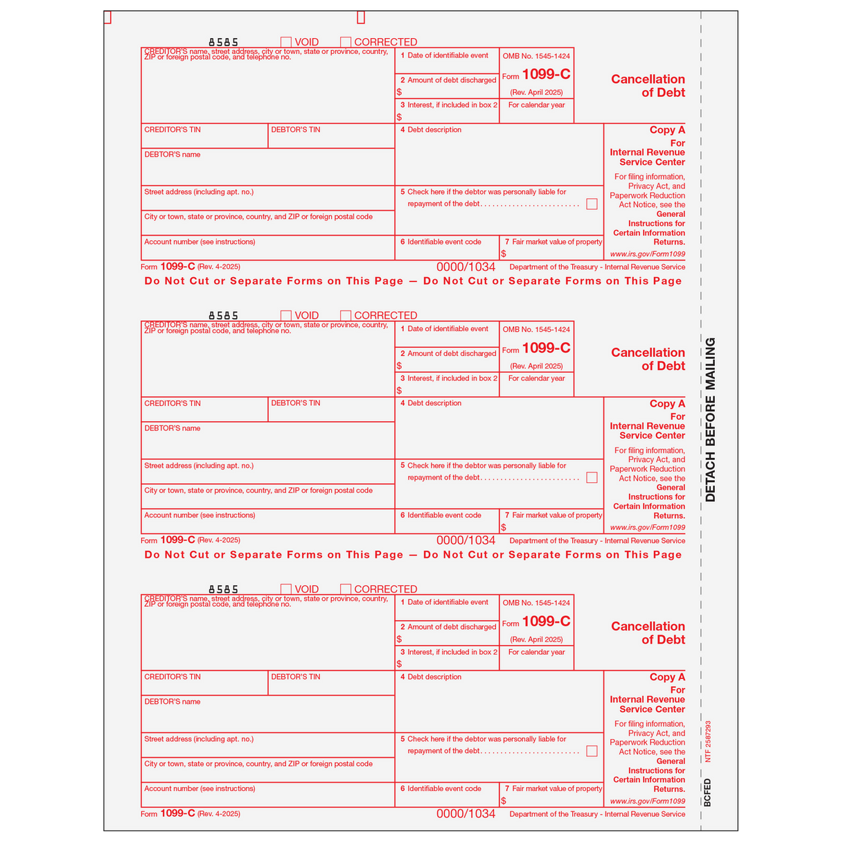 Form 1099-C Cancellation of Debt - Copy A Federal