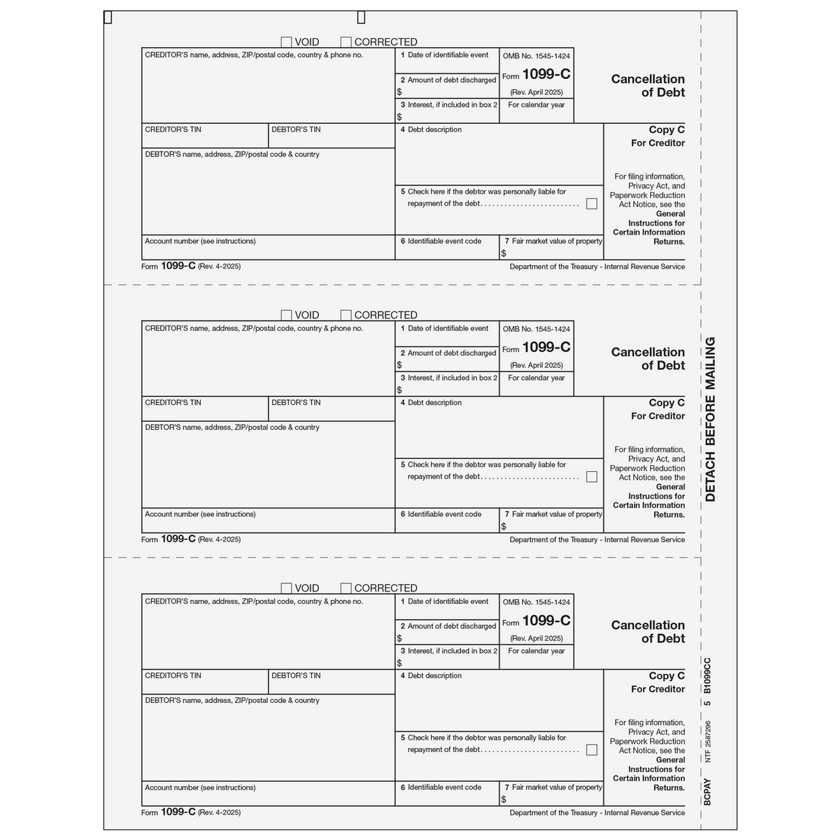 Form 1099-C Cancellation of Debt - Copy C Creditor