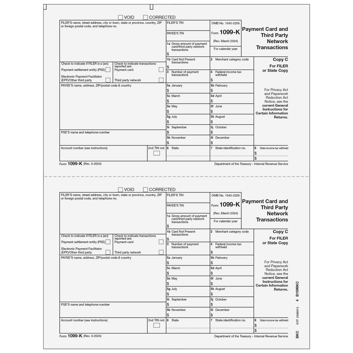 Form 1099-K Payment Card and Third Party Network Transactions - Filer State Copy C