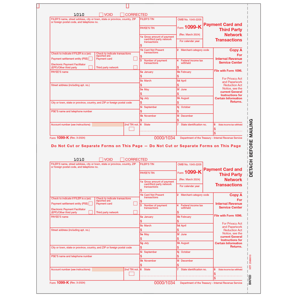 Form 1099-K Payment Card and Third Party Network Transactions - Copy A