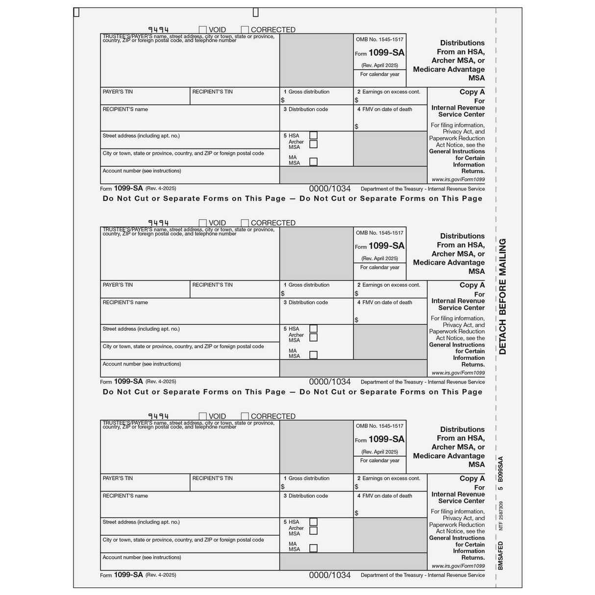 Form 1099-SA Distributions from an HSA, Archer MSA, Or Medicare Advantage MSA - Copy A Federal