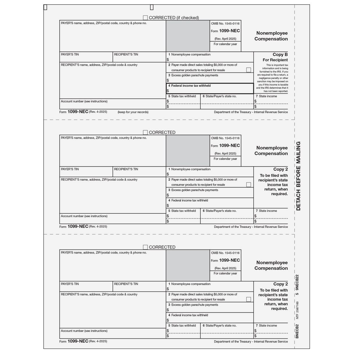 1099-NEC Non-Employee Compensation - Recipient Copies B/2