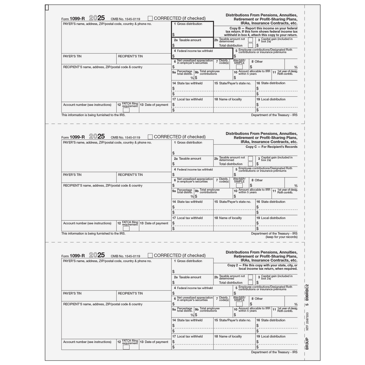 1099-R Distributions From Pensions, etc. Condensed 3up Recipient Copies B/C/2