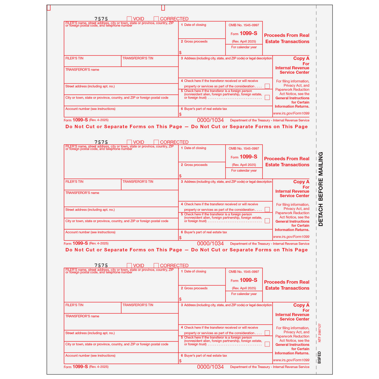 Form 1099-S - Proceeds from Real Estate Transactions - Copy A Federal