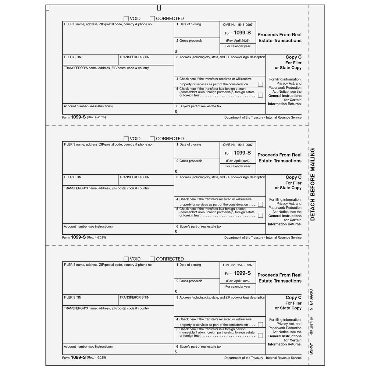 Form 1099-S Proceeds From Real Estate Transactions - Copy C Filer or State