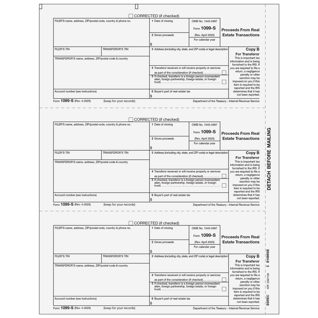 Form 1099-S - Proceeds From Real Estate Transactions - Copy B Transferor