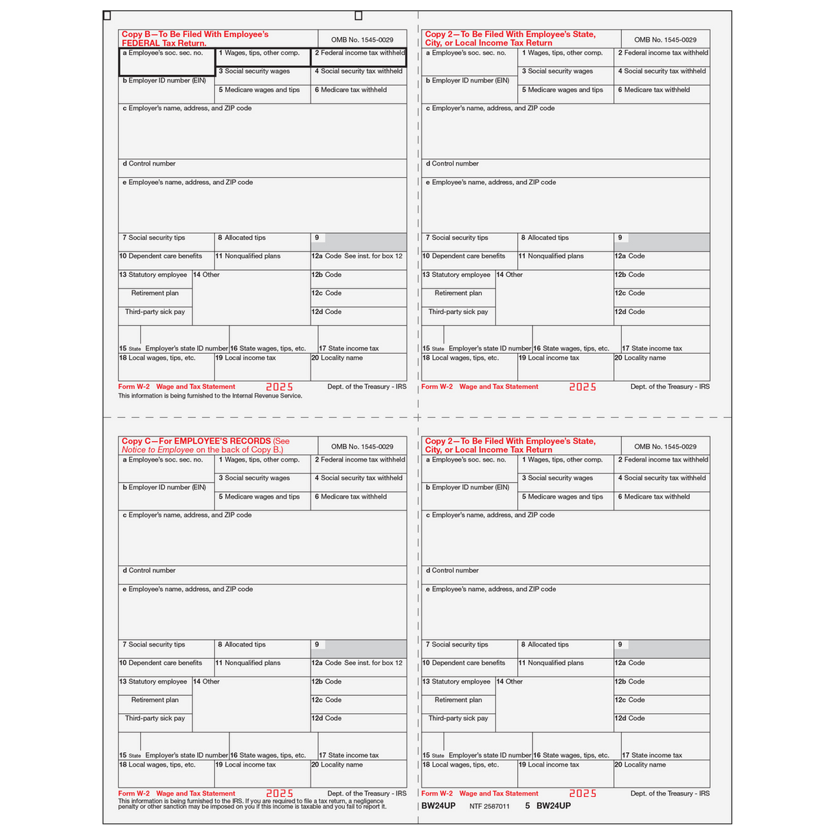 Form W-2 4up Quadrant Condensed Copies: B/2/C/2