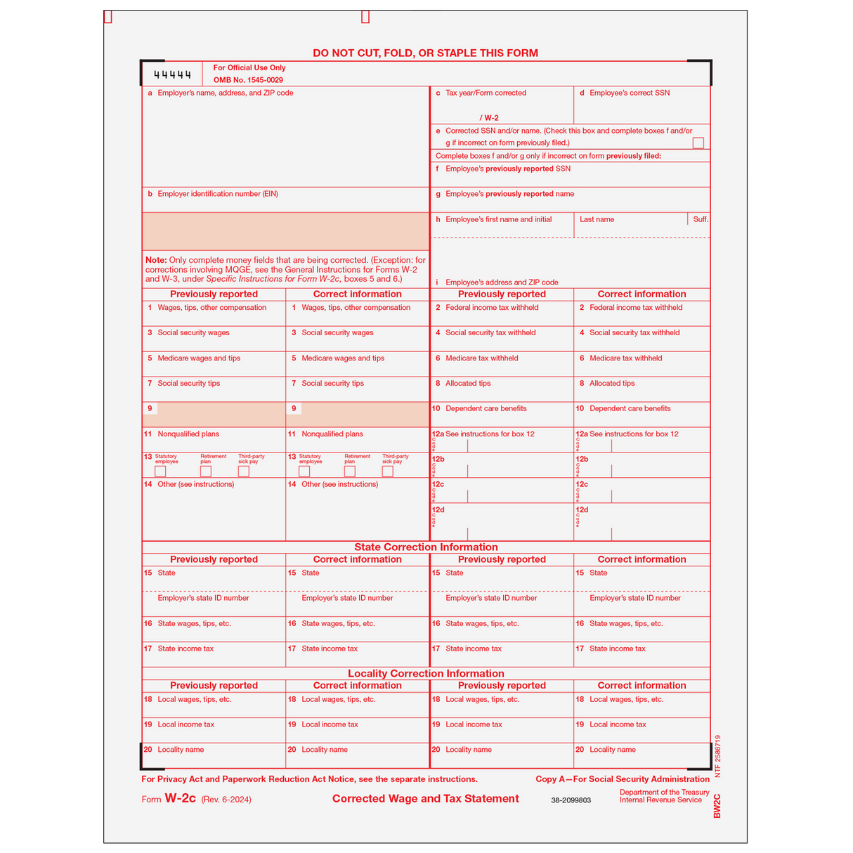 Form W-2C Corrected Federal IRS, Copy A