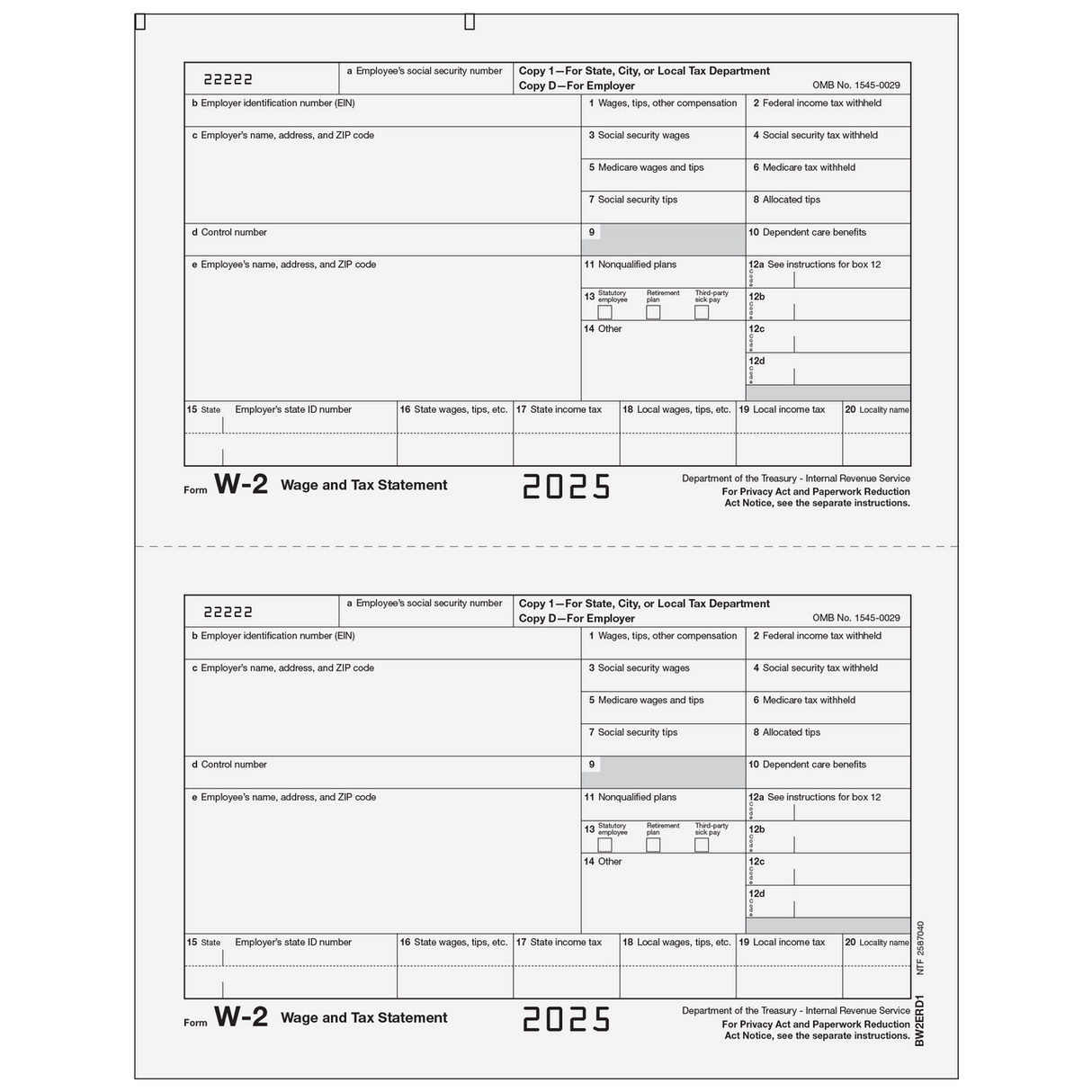Form W-2 Copy 1/D Employer State, City or Local, and Record Copy