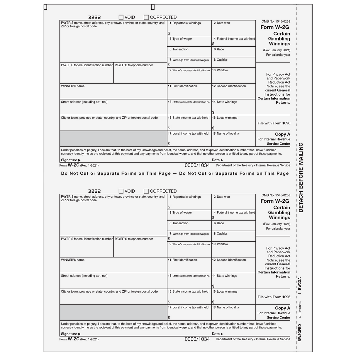 Form W-2G Certain Gambling Winnings, Federal IRS Copy A