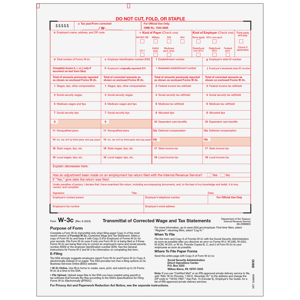 Form W-3 Corrected Transmittal Employer Federal