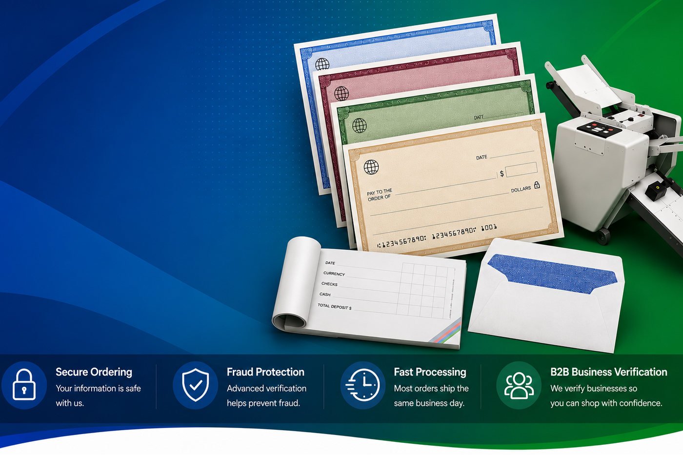 Promotional graphic for business checks and banking supplies with checkbooks, tax forms, and a printer.