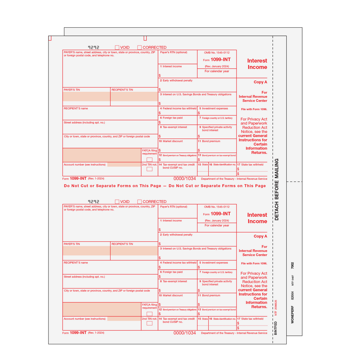 1099-INT Interest Income - 3-part Set (Blank Copies)