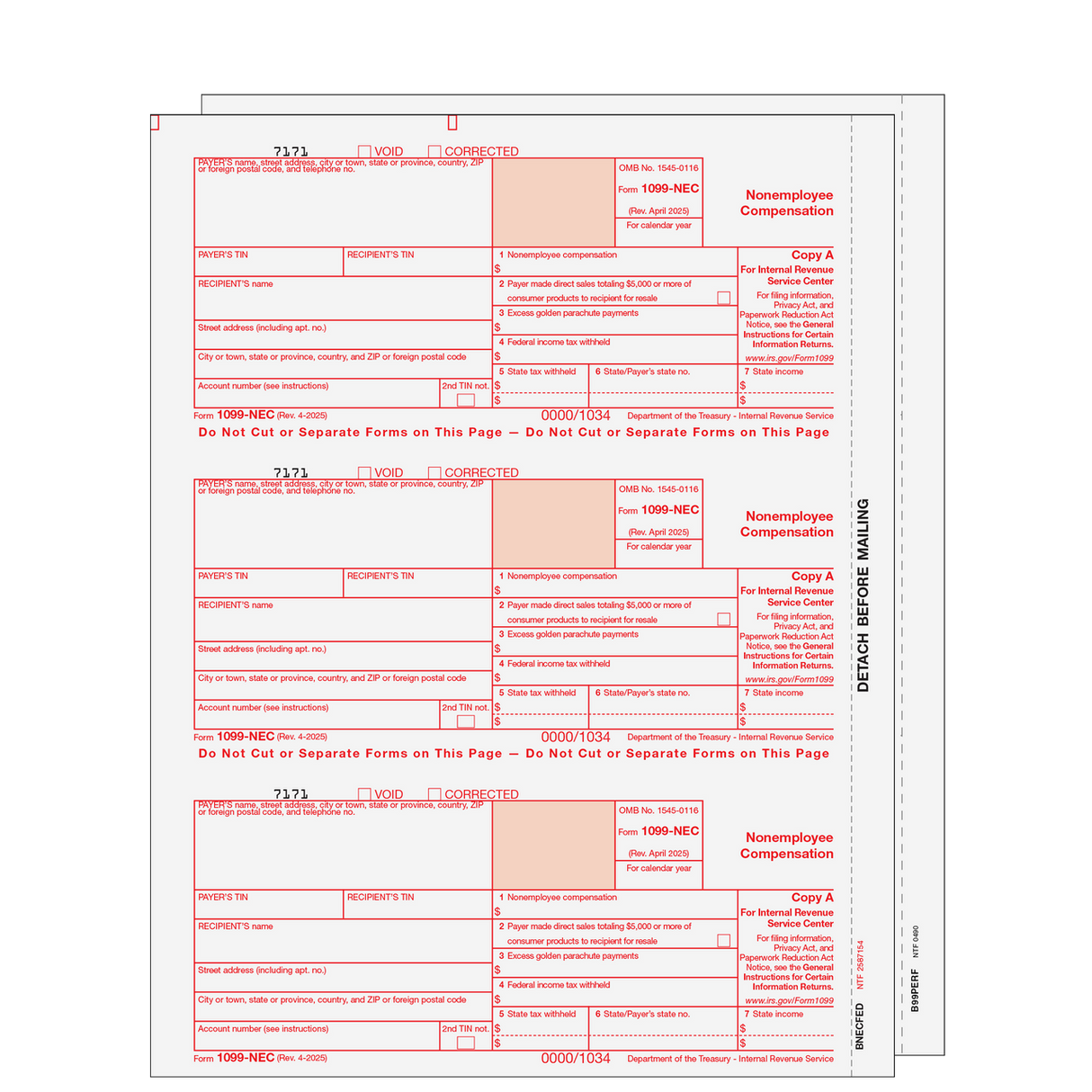 1099-NEC Non-Employee Compensation - 3-part Set (Blank Copies)