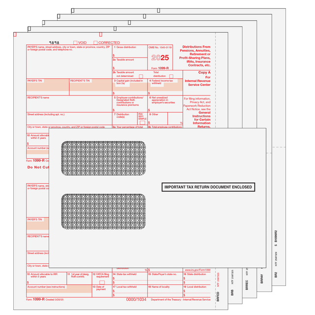 1099-R Distributions From Pensions, etc. - Preprinted 6-Part Kit (with Self Seal Envelopes)
