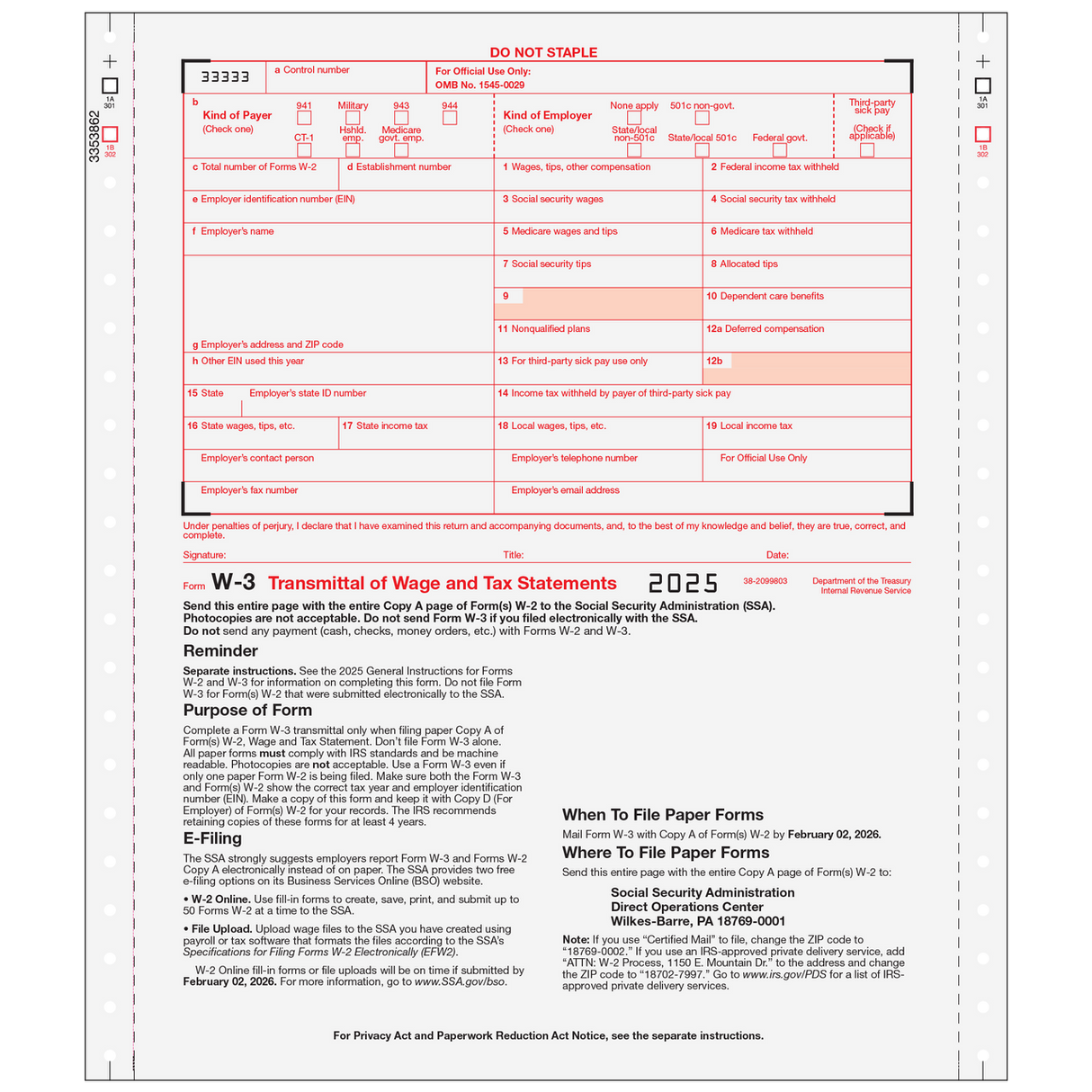 Form W-3 Transmittal Employers Federal 2-part (Carbonless)