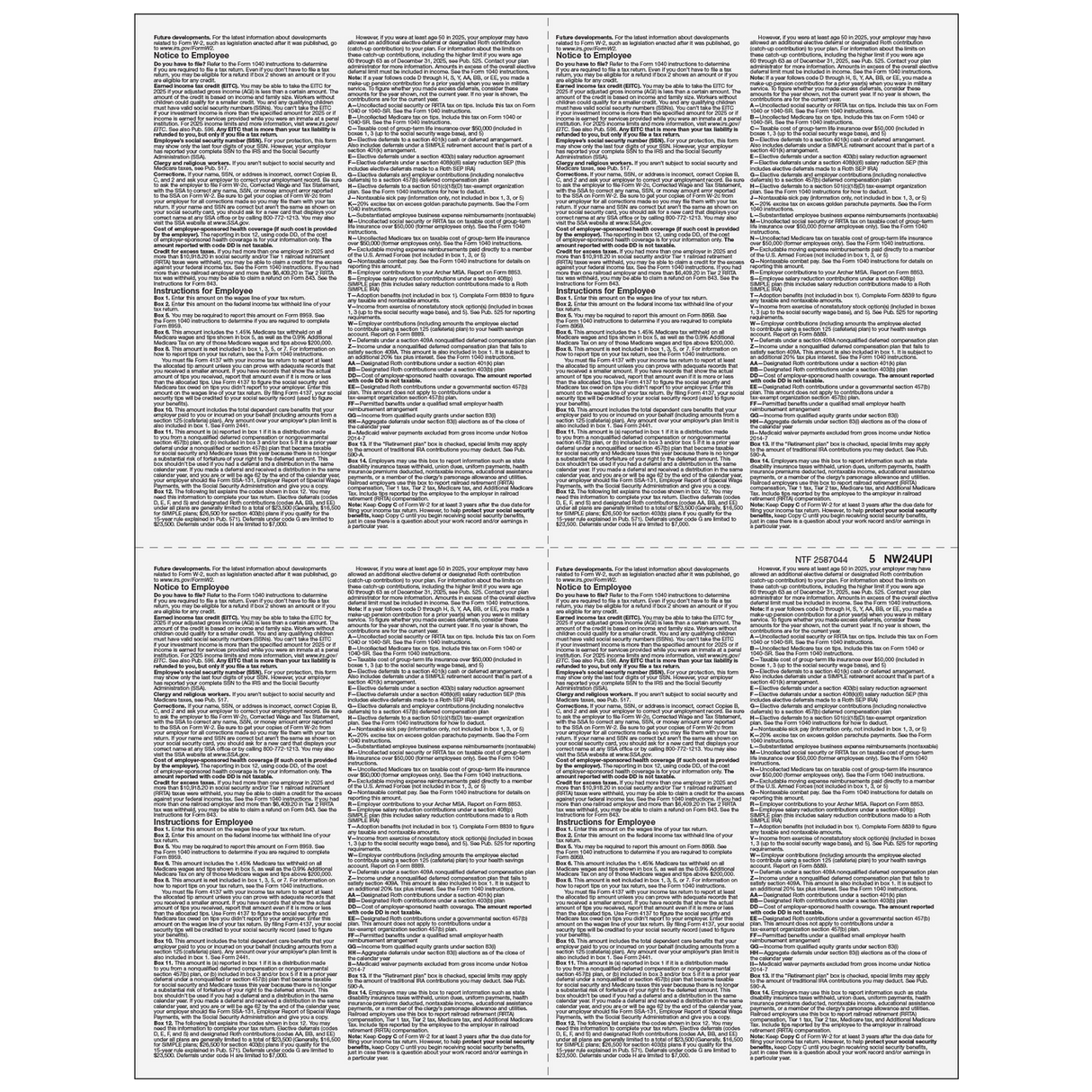 4up Blank W-2 Form - Quadrants (with Employee Instructions) -500 Qty
