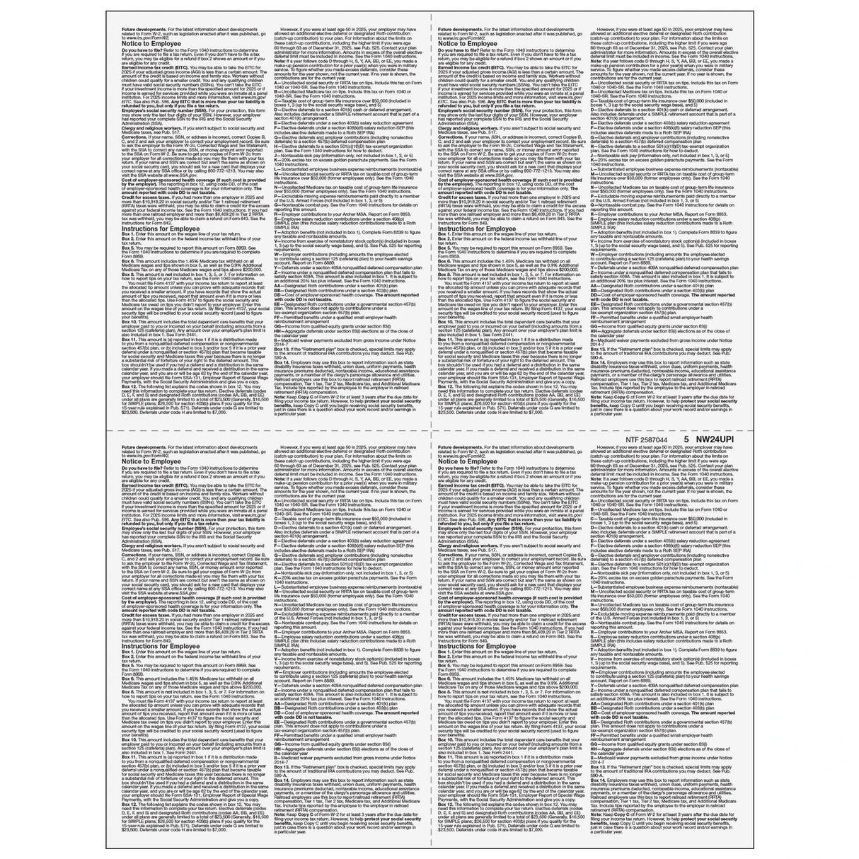 4up Blank W-2 Form - Quadrants (with Employee Instructions)