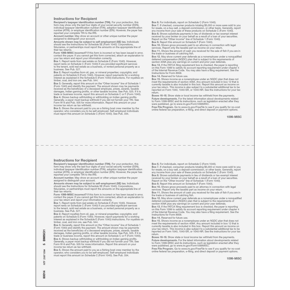 2up Blank 1099-MISC Form (with Instructions on Both Back Panels)