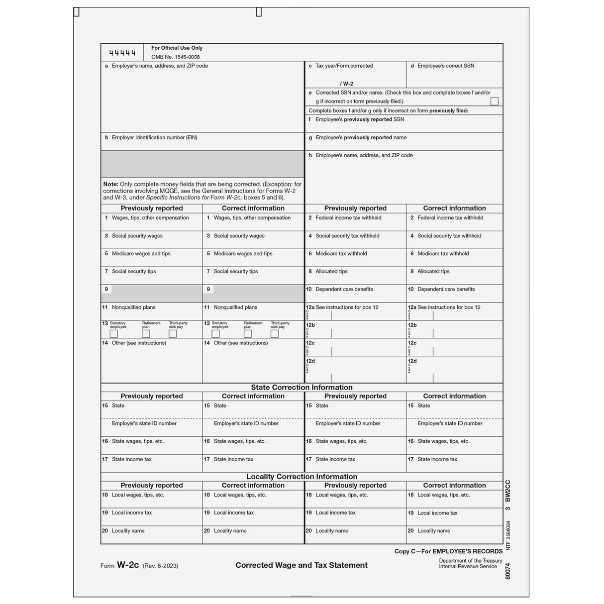 Form W-2C Corrected Employee Record, Copy C