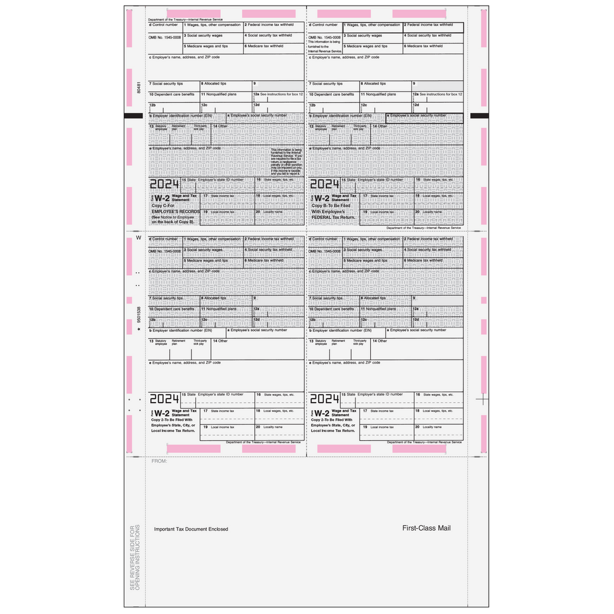Pressure Seal EZ-Fold Preprinted W-2 Form 4up Quadrant (Copies C/B/2/2