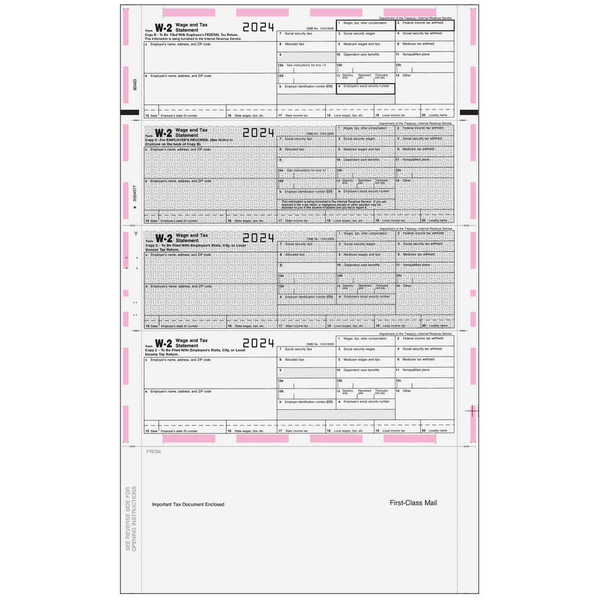 Pressure Seal EZ-Fold Preprinted W-2 Forms 4up Horizontal (with Instructions)