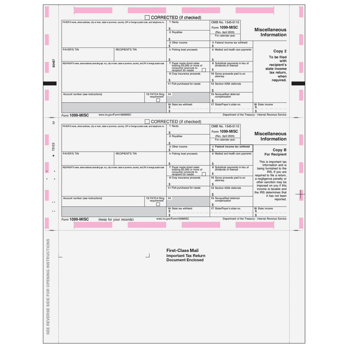 11'' Pressure Seal 1099-MISC Form - Z Fold Recipient (Copies B, 2)