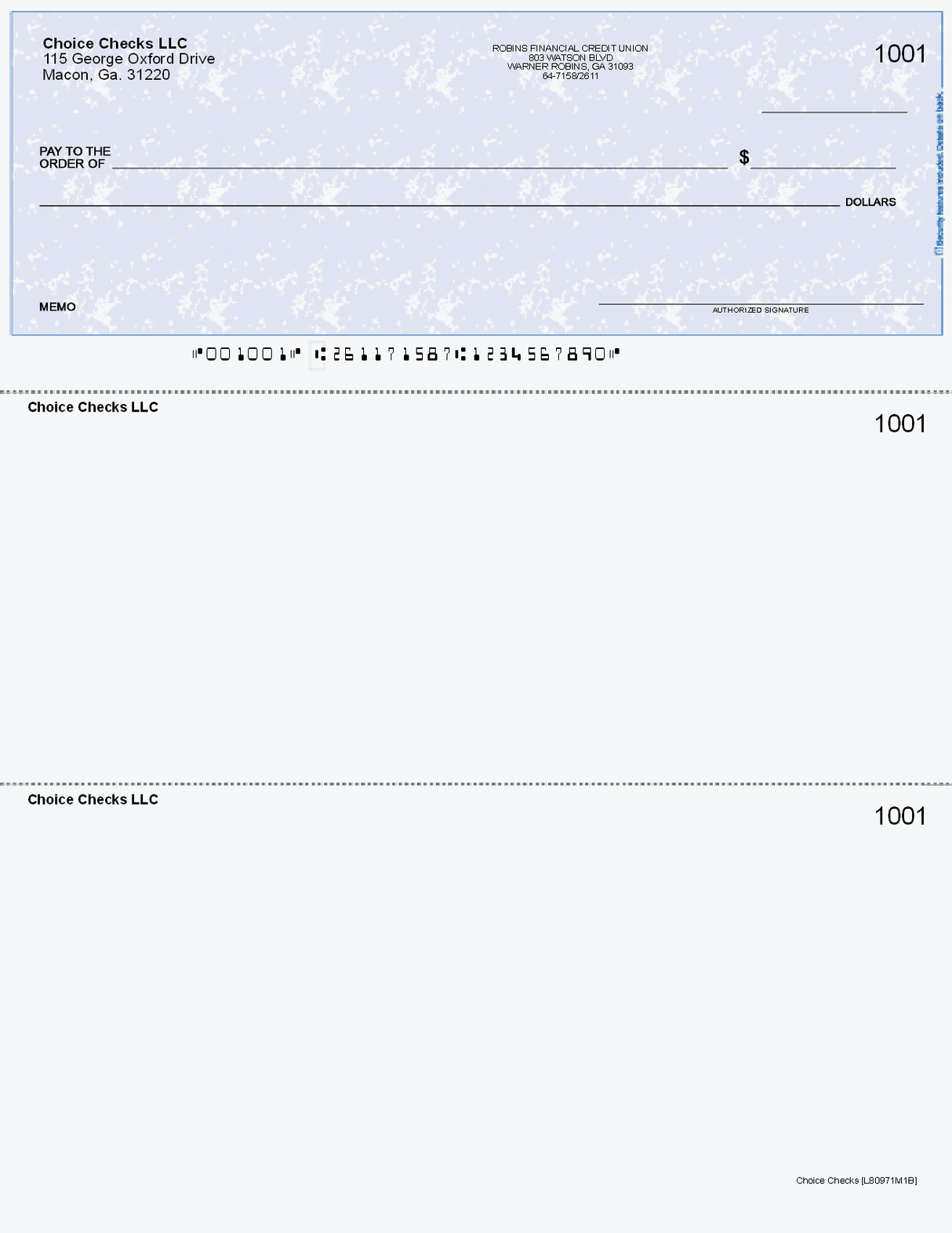 Marble Imprinted Business Check on Top - Good Security - Marble Blue