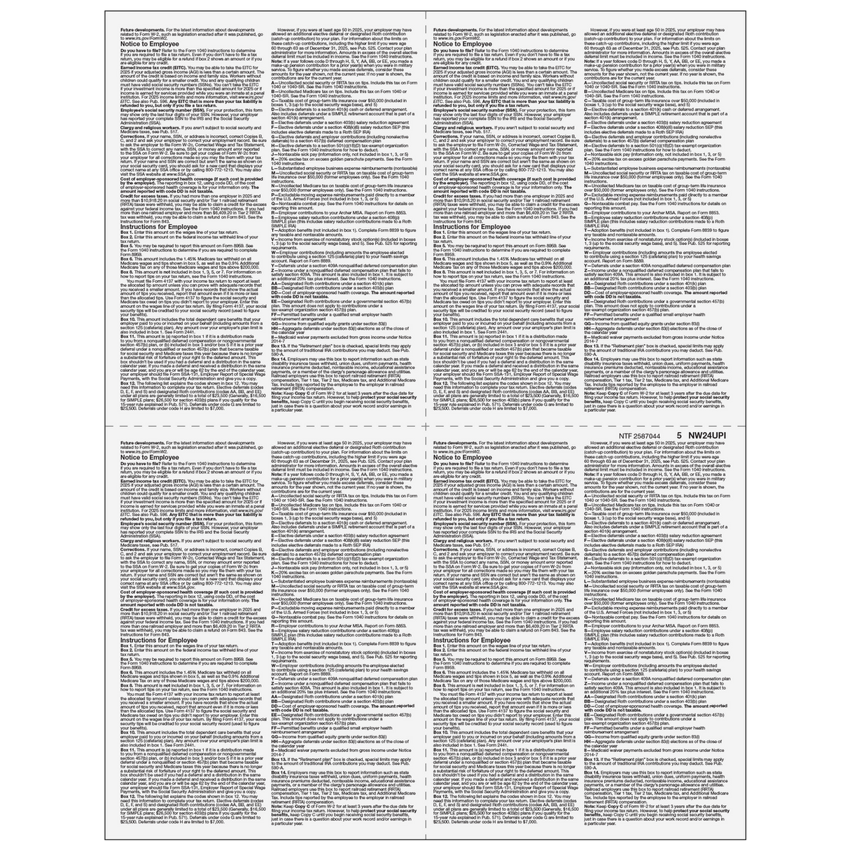 Form W-2 - 4up Quadrant (Instructions on all panels)