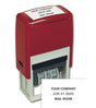 Red and white stamp with text 'YOUR COMPANY JUN 01 2020 MAIL ROOM' on a white background