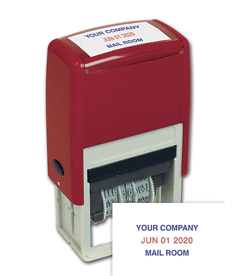 Red and white stamp with customizable text on a white background