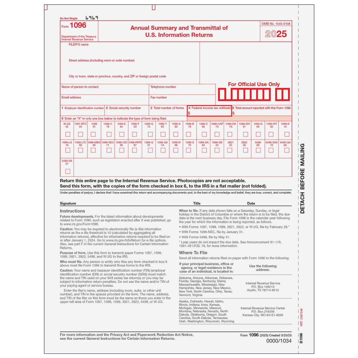 Form 1096 Transmittal Summary