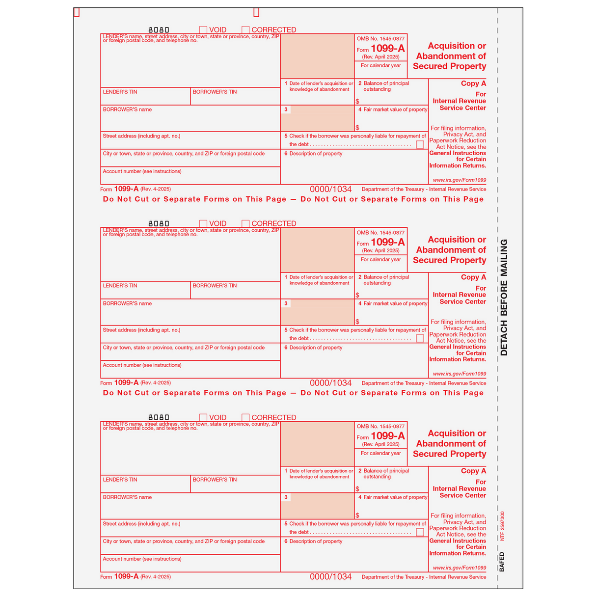 Form 1099-A Acquisition or Abandonment of Secured Property - Copy A Federal