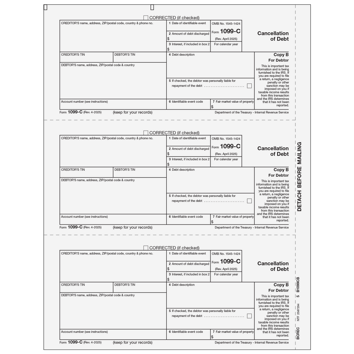 Form 1099-C Cancellation of Debt - Copy B Debtor (BCREC05)