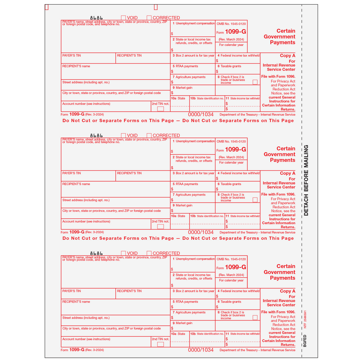 Form 1099-G Certain Government Payments - Copy A Federal