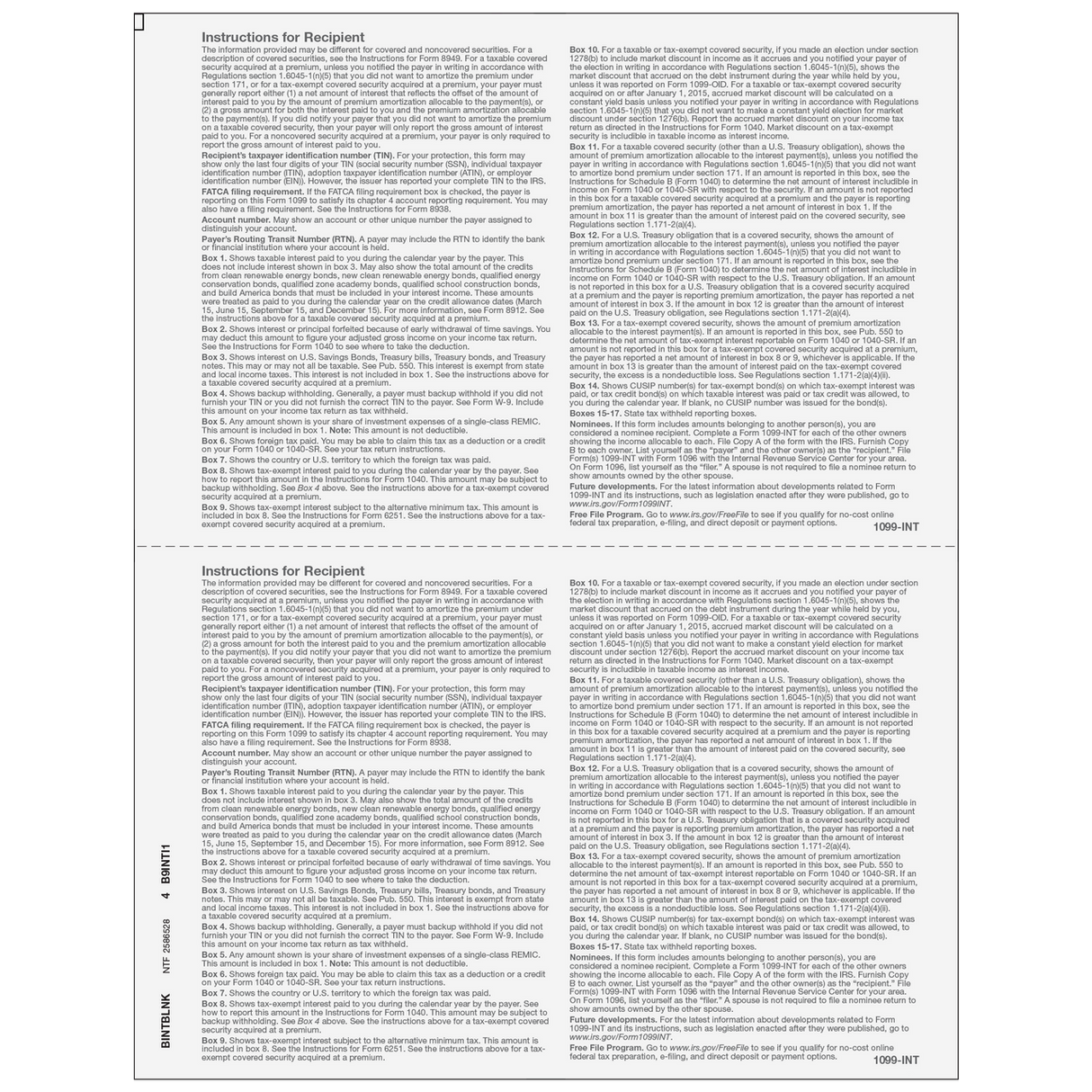 2up Blank 1099-INT Form (with Instructions on Both Back Panels)