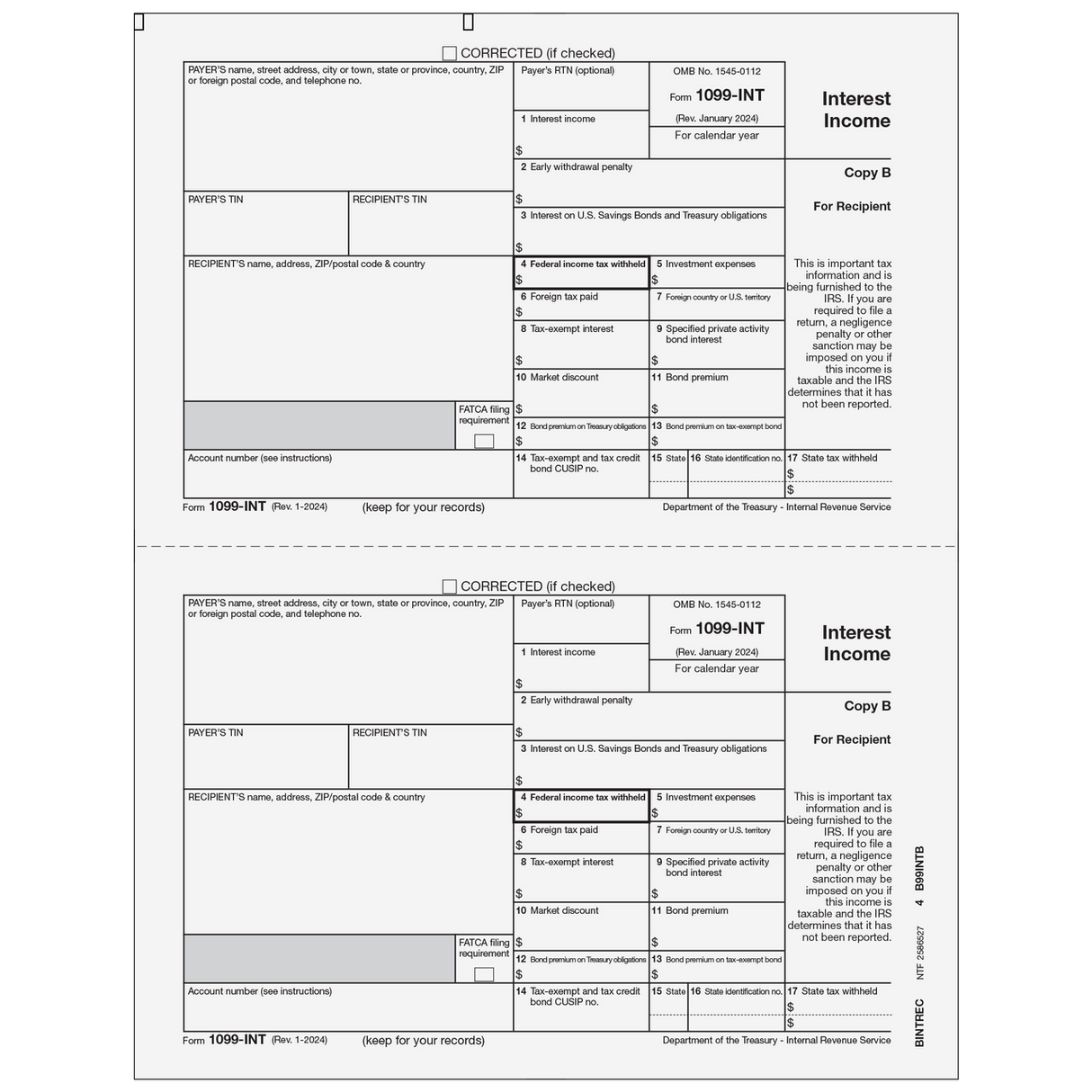 1099-INT Interest Income - Copy B Recipient