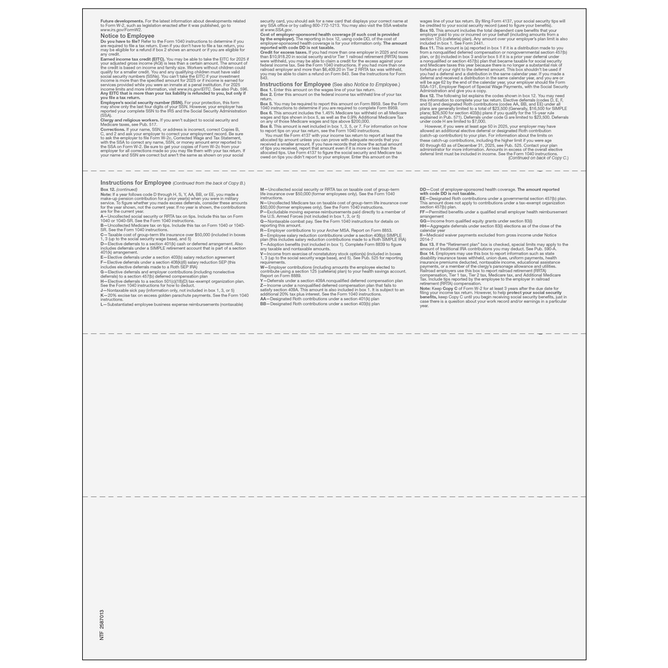 W-2 Employee Copies B/C/2/2 - 4up Horizontal